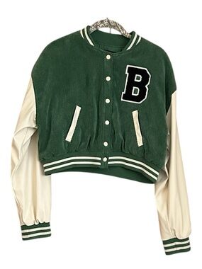 Love Tree Corduroy Varsity Jacket L Cropped Green Letterman Bomber B Patch